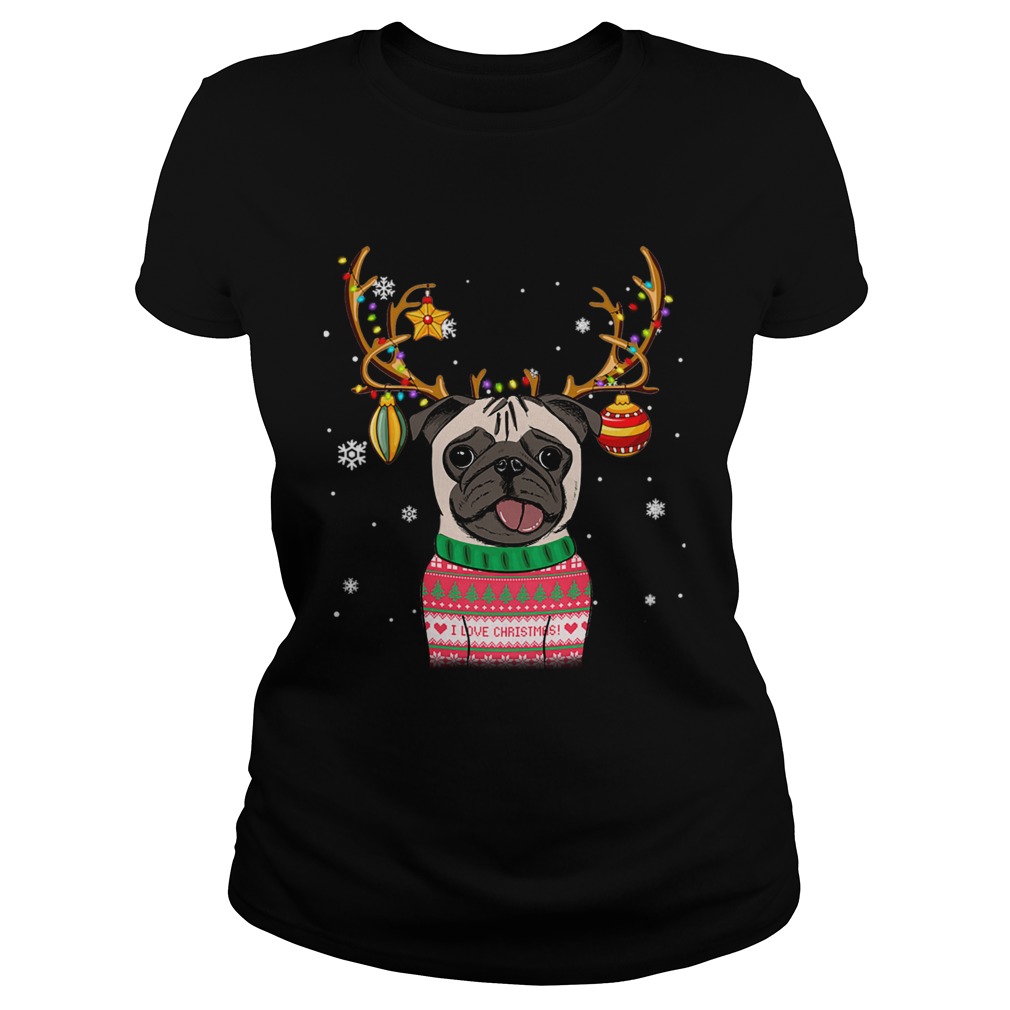 Pug Reindeer Christmas Holiday Funny TShirt Classic Ladies