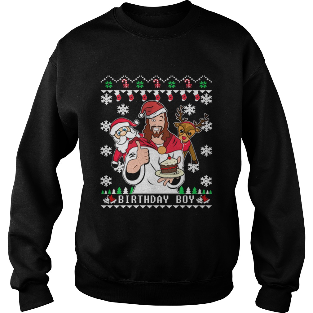 1573720873Birthday Jesus Santa And Reindeer Ugly Christmas Sweatshirt