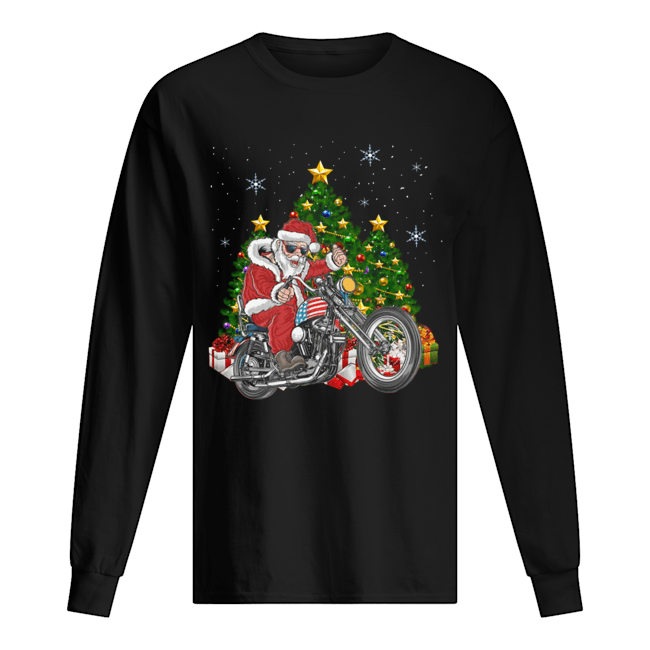 Biker Santa Motorcycle Merry Christmas Tree Long Sleeved T-shirt 