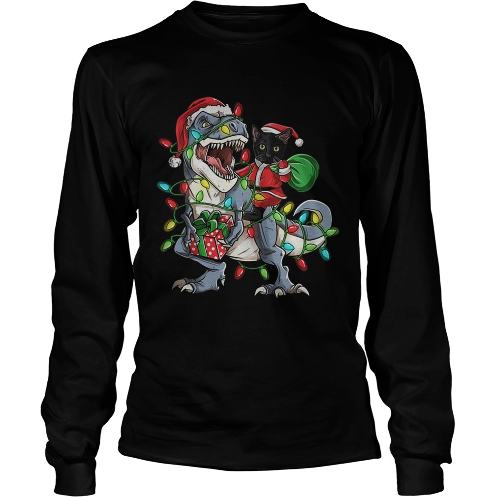 Black Cat Riding Trex Merry Christmas LongSleeve