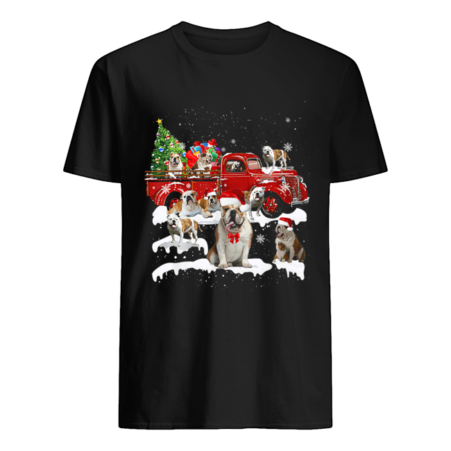 Bulldog Riding Red Truck Xmas Merry Christmas shirt