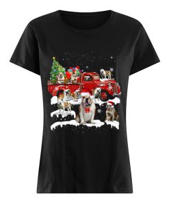 Bulldog Riding Red Truck Xmas Merry Christmas  Classic Women's T-shirt