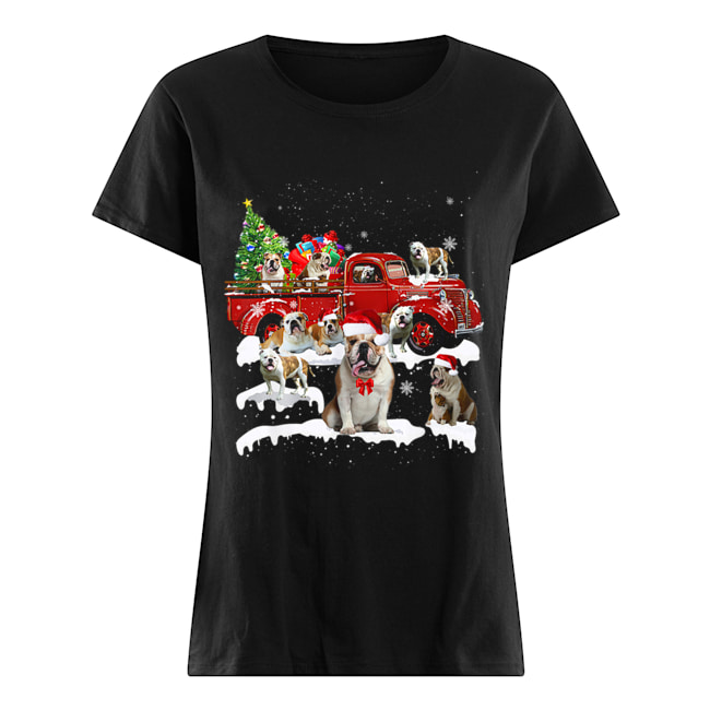 Bulldog Riding Red Truck Xmas Merry Christmas Classic Women's T-shirt