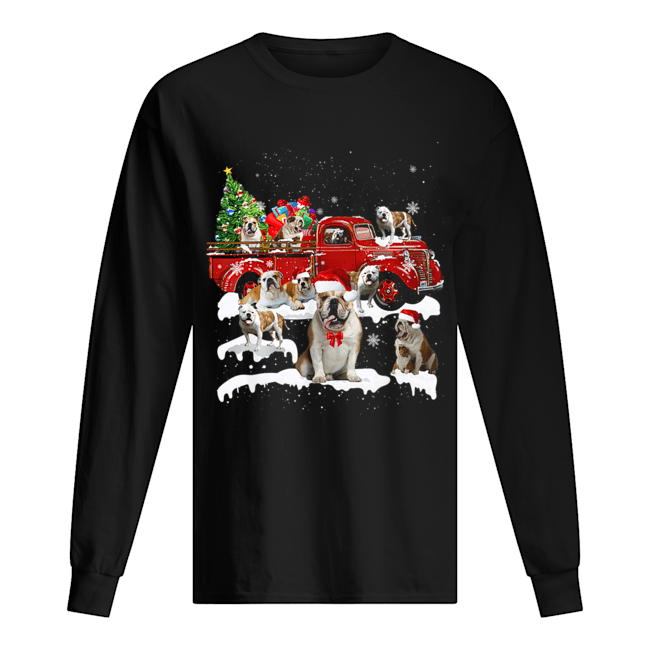 Bulldog Riding Red Truck Xmas Merry Christmas Long Sleeved T-shirt 