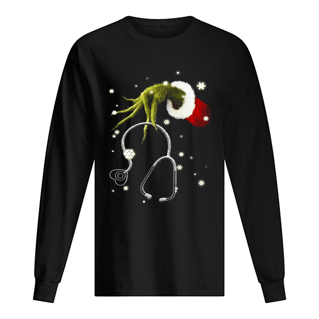 Grinch’s Hand Holding Nurse Stethoscope Christmas Long Sleeved T-shirt 