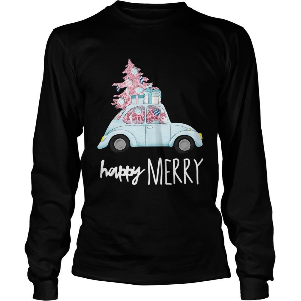 Happy Merry Vintage Car Christmas Holiday Pink Xmas Tree LongSleeve