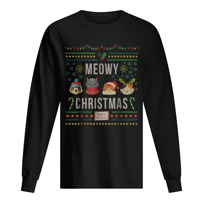 Meowy Christmas Cat Lover Tacky Ugly Christmas Party Long Sleeved T-shirt 