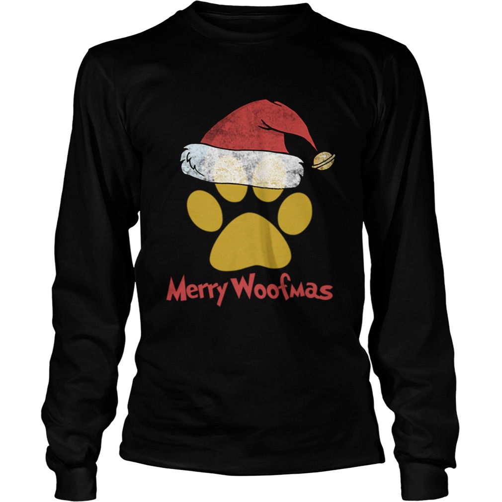 Merry Woofmas Christmas Paw Print Santa Hat Xmas Dog LongSleeve