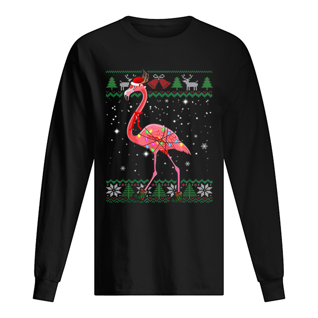 Pretty Ugly Christmas Flamingo Santa Hat Lights Xmas Gifts Long Sleeved T-shirt 