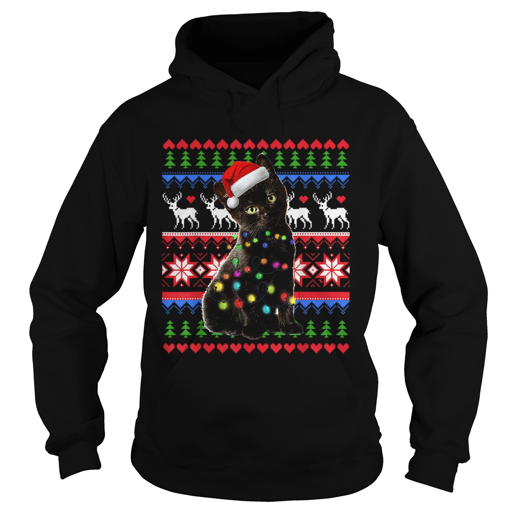 Santa Black Cat Christmas Light Ugly Hoodie