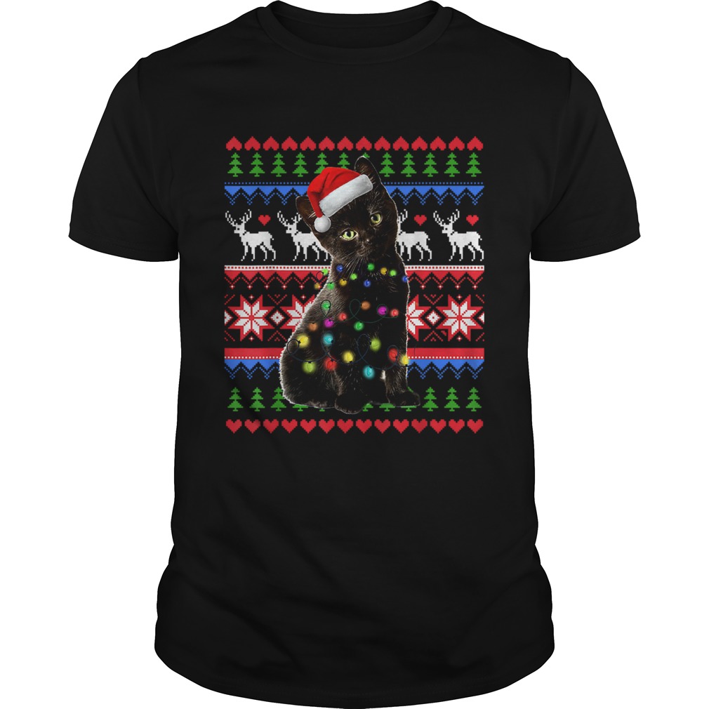 Santa Black Cat Christmas Light Ugly shirt