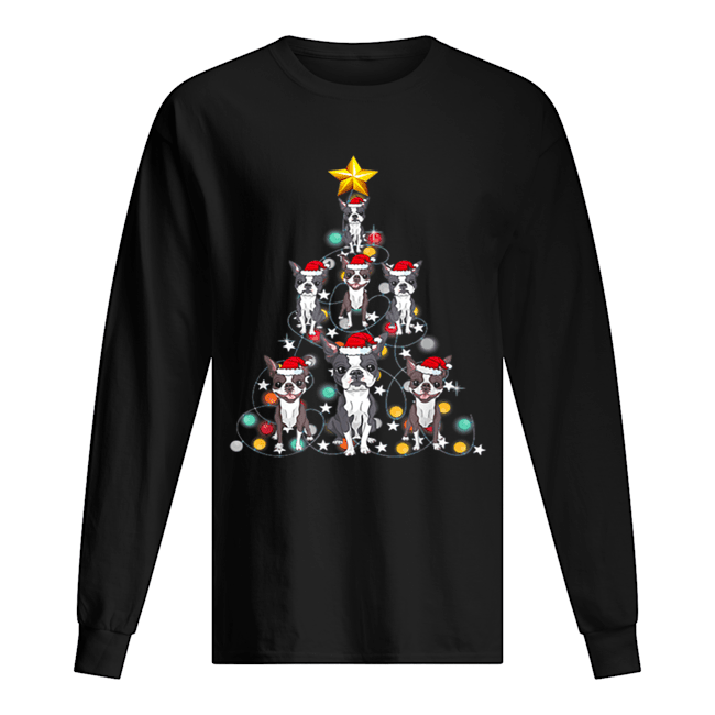 Santa Boston Terrier Christmas Tree Light Long Sleeved T-shirt 