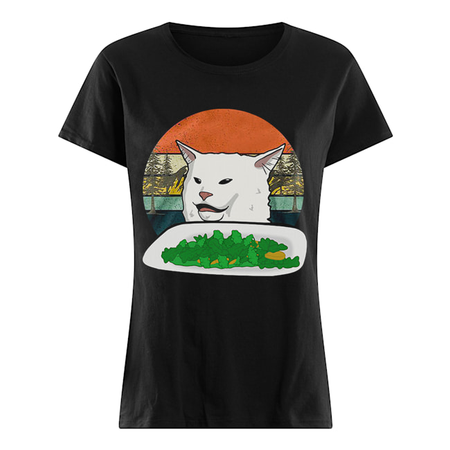 Woman Yelling Confused White Cat At Dinner Vintage Classic Women's T-shirt