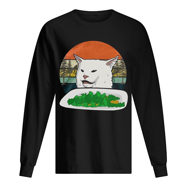 Woman Yelling Confused White Cat At Dinner Vintage Long Sleeved T-shirt 