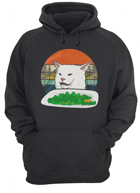 Woman Yelling Confused White Cat At Dinner Vintage Unisex Hoodie