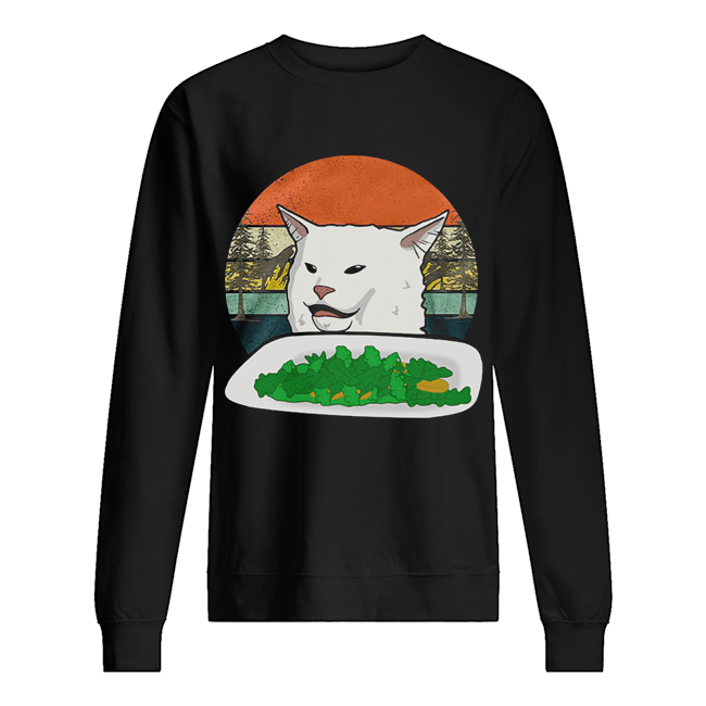 Woman Yelling Confused White Cat At Dinner Vintage Unisex Sweatshirt