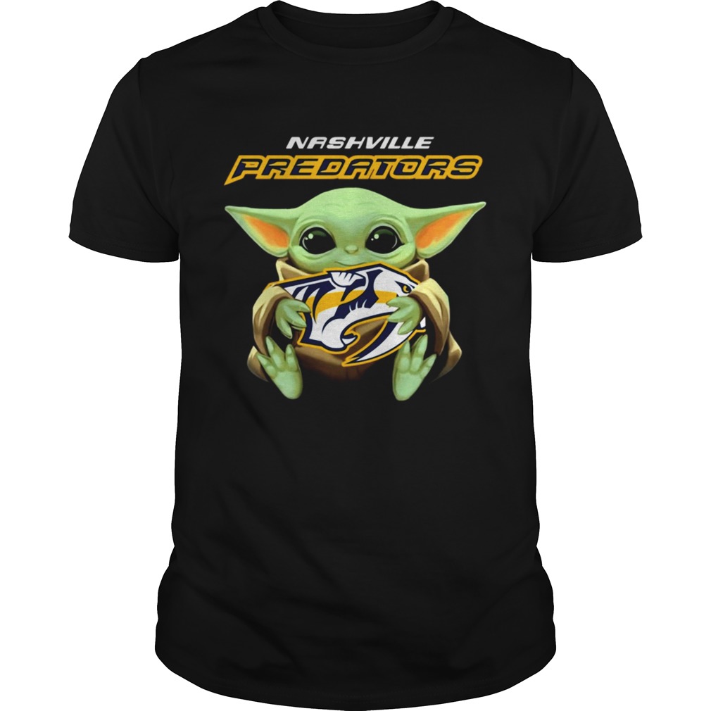 Baby Yoda hug Nashville Predators shirt