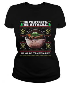 He protects he attacks he also takes naps ugly christmas Baby Yoda  Classic Ladies