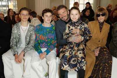 Romeo Beckham, Cruz Beckham, David Beckham, Harper Beckham, and Anna Wintour at Victoria Beckham