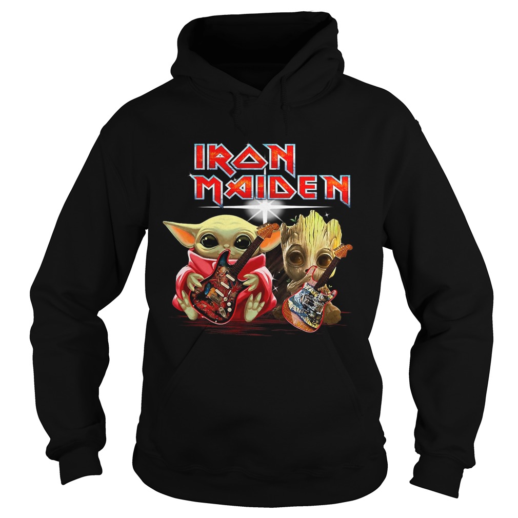 ron Maiden Baby Yoda And Baby Groot Playing Guitar Hoodie