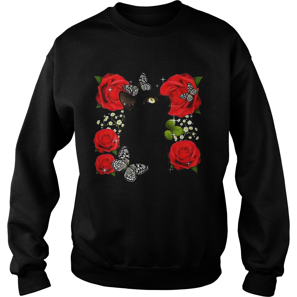 Black Cat Rose Flowers Butterfly Sweatshirt