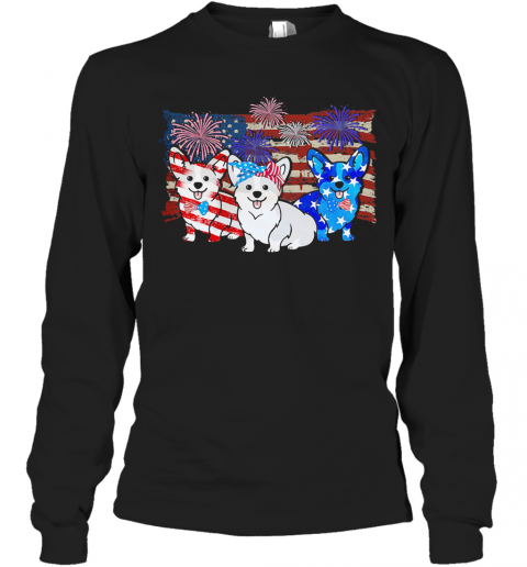 Corgi Firework American Flag Independence Day T-Shirt Long Sleeved T-shirt 