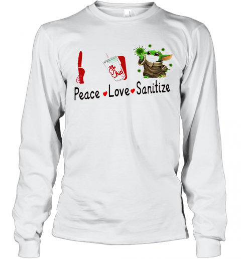 Peace Love Sanitize Baby Yoda Mask Covid 19 Chick Fil Logo T-Shirt Long Sleeved T-shirt 