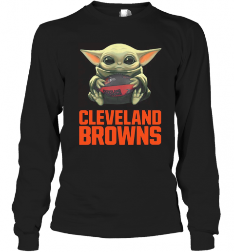 Baby Yoda Hug Cleveland Browns Logo T-Shirt Long Sleeved T-shirt 