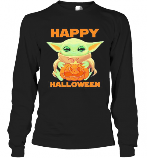 Baby Yoda Hug Pumpkin Happy Halloween T-Shirt Long Sleeved T-shirt 