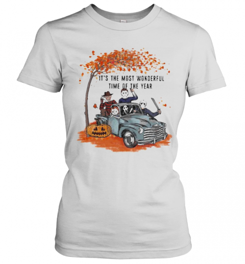 Halloween Horror Characters Riding Car It'S The Most Wonderful Time Of The Year Leaves Tree T-Shirt Classic Women's T-shirt