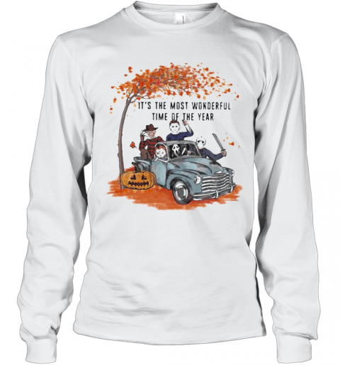 Halloween Horror Characters Riding Car It'S The Most Wonderful Time Of The Year Leaves Tree T-Shirt Long Sleeved T-shirt 