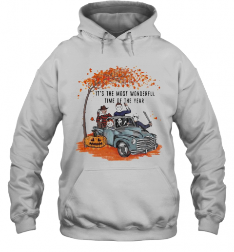 Halloween Horror Characters Riding Car It'S The Most Wonderful Time Of The Year Leaves Tree T-Shirt Unisex Hoodie