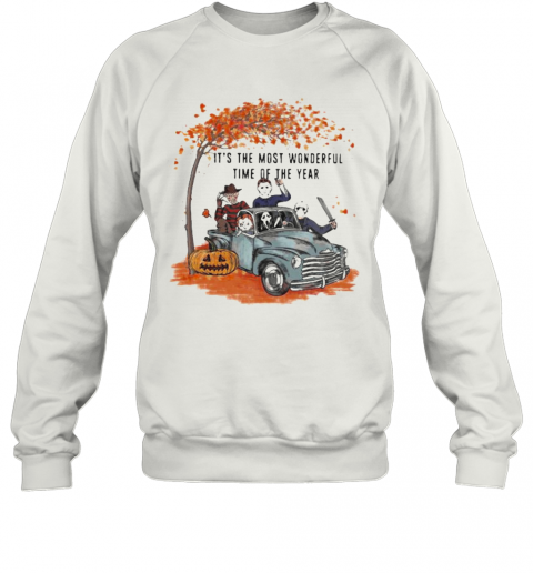 Halloween Horror Characters Riding Car It'S The Most Wonderful Time Of The Year Leaves Tree T-Shirt Unisex Sweatshirt