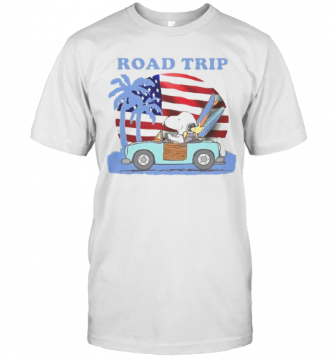 Snoopy And Woodstock Riding Car Road Trip American Flag Independence Day T-Shirt