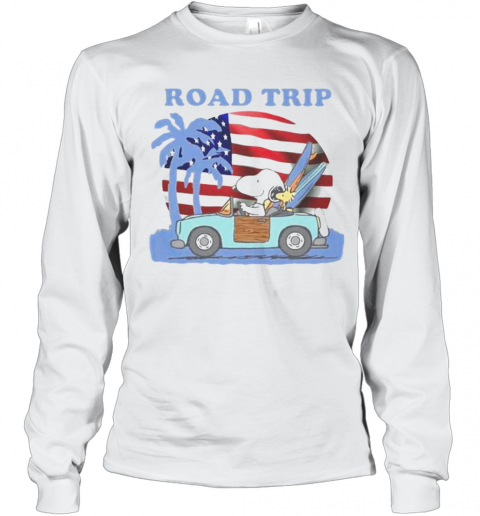 Snoopy And Woodstock Riding Car Road Trip American Flag Independence Day T-Shirt Long Sleeved T-shirt 