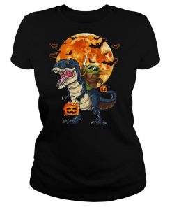 Baby Yoda Riding Dinosaur T rex Pumpkin Moon Halloween shirt