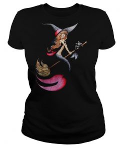 Halloween Witch Mermaid Is Riding A Broom WIth Her Cat shirt