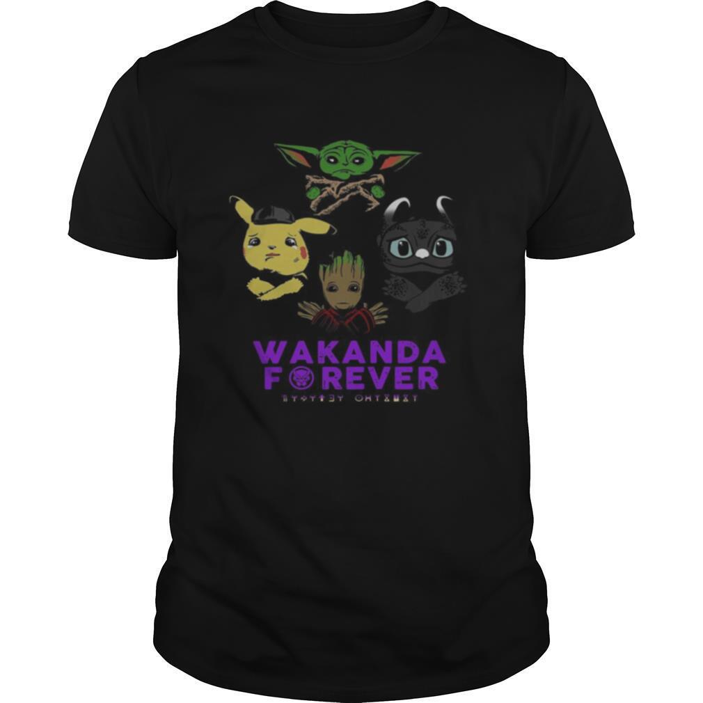 Wakanda Forever Baby Yoda Baby Pokemon Baby Groot and Baby Toothless shirt