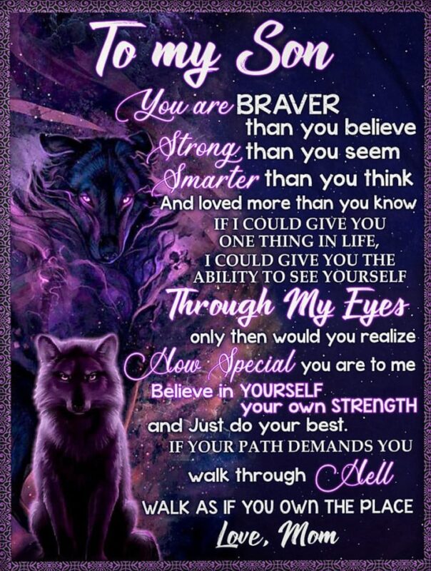 To My Son You Are Braver Than Believe Mom Purple Wolves Fleece Blanket