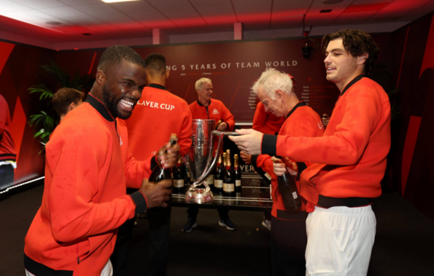 Frances Tiafoe and Taylor Fritz with the Laver Cup trophy, where they represented Team World.