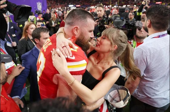 Travis Kelce and Taylor Swift celebrate after the Kansas City Chiefs won Super Bowl 58 on Feb. 11, 2024, in Las Vegas