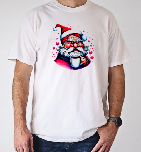 Black and White Drawing of Santa Claus with Coffee Cup and Festive Atmosphere T-Shirt