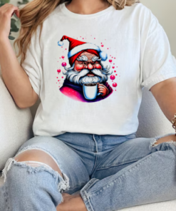 Black and White Drawing of Santa Claus with Coffee Cup and Festive Atmosphere T-Shirt Classic Women's T-shirt