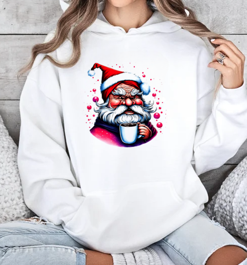 Black and White Drawing of Santa Claus with Coffee Cup and Festive Atmosphere T-Shirt Unisex Hoodie