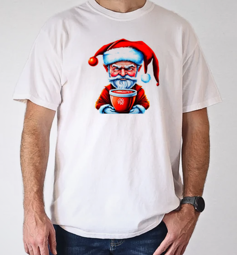 Black and white drawing of Santa Claus holding an iced coffee cup T-Shirt