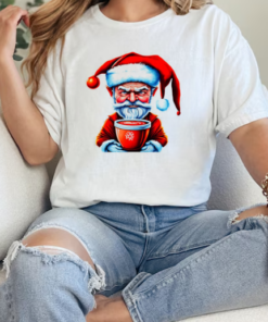 Black and white drawing of Santa Claus holding an iced coffee cup T-Shirt Classic Women's T-shirt