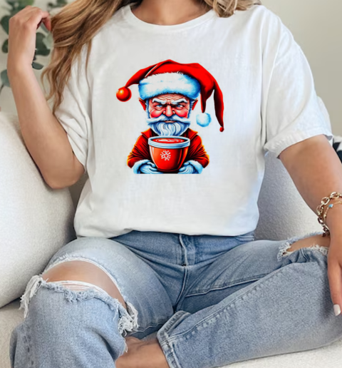 Black and white drawing of Santa Claus holding an iced coffee cup T-Shirt Classic Women's T-shirt