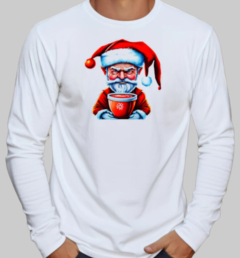 Black and white drawing of Santa Claus holding an iced coffee cup T-Shirt Long Sleeved T-shirt 