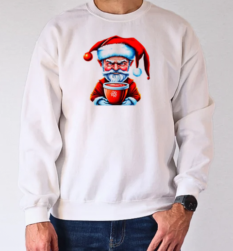 Black and white drawing of Santa Claus holding an iced coffee cup T-Shirt Unisex Sweatshirt