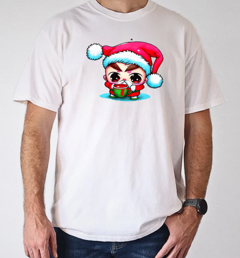 Cartoon Character Wearing Santa Claus Hat Drinking Iced Coffee T-Shirt